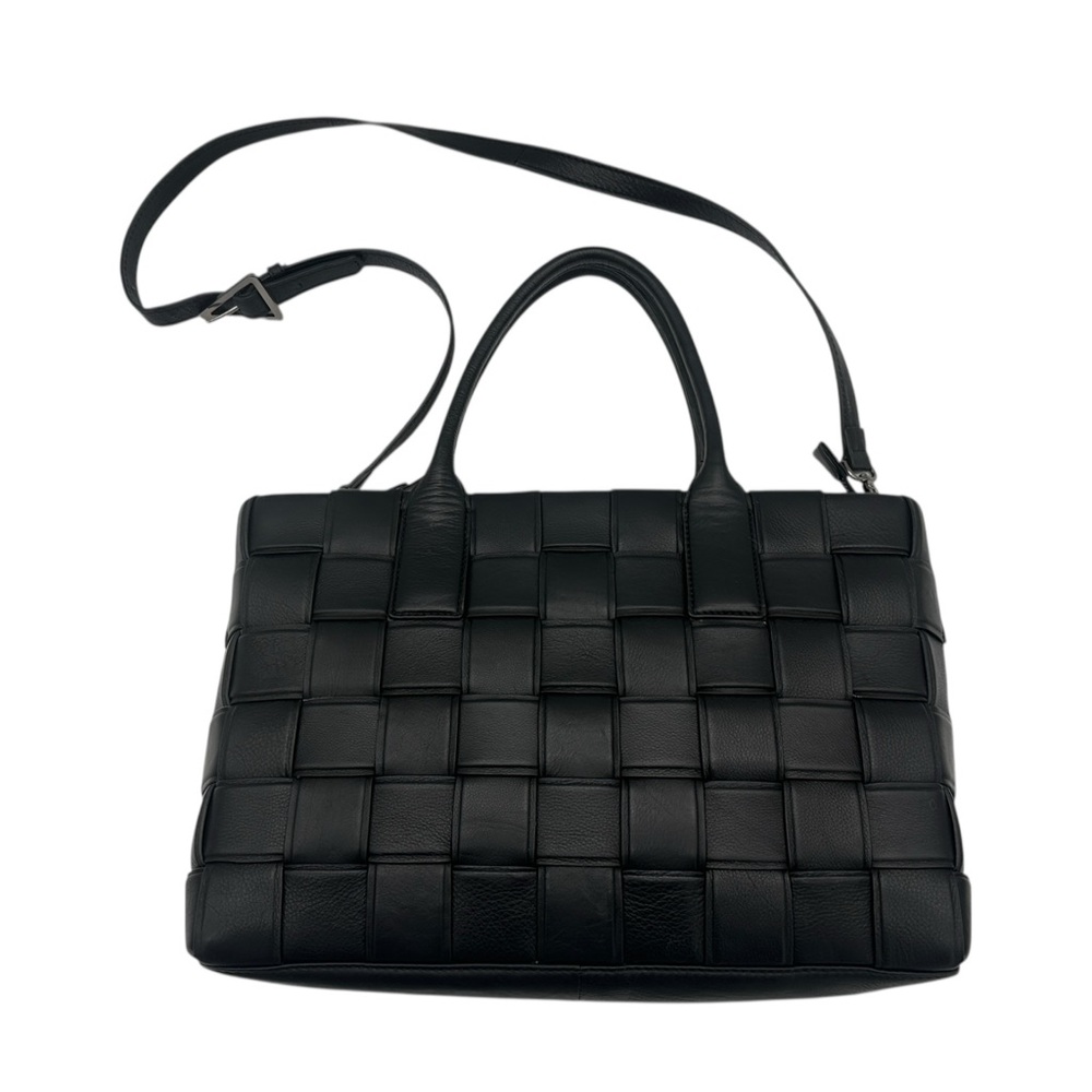 Genuine Leather Black Woven Tote Bag with Double Handles & Crossbody Strap